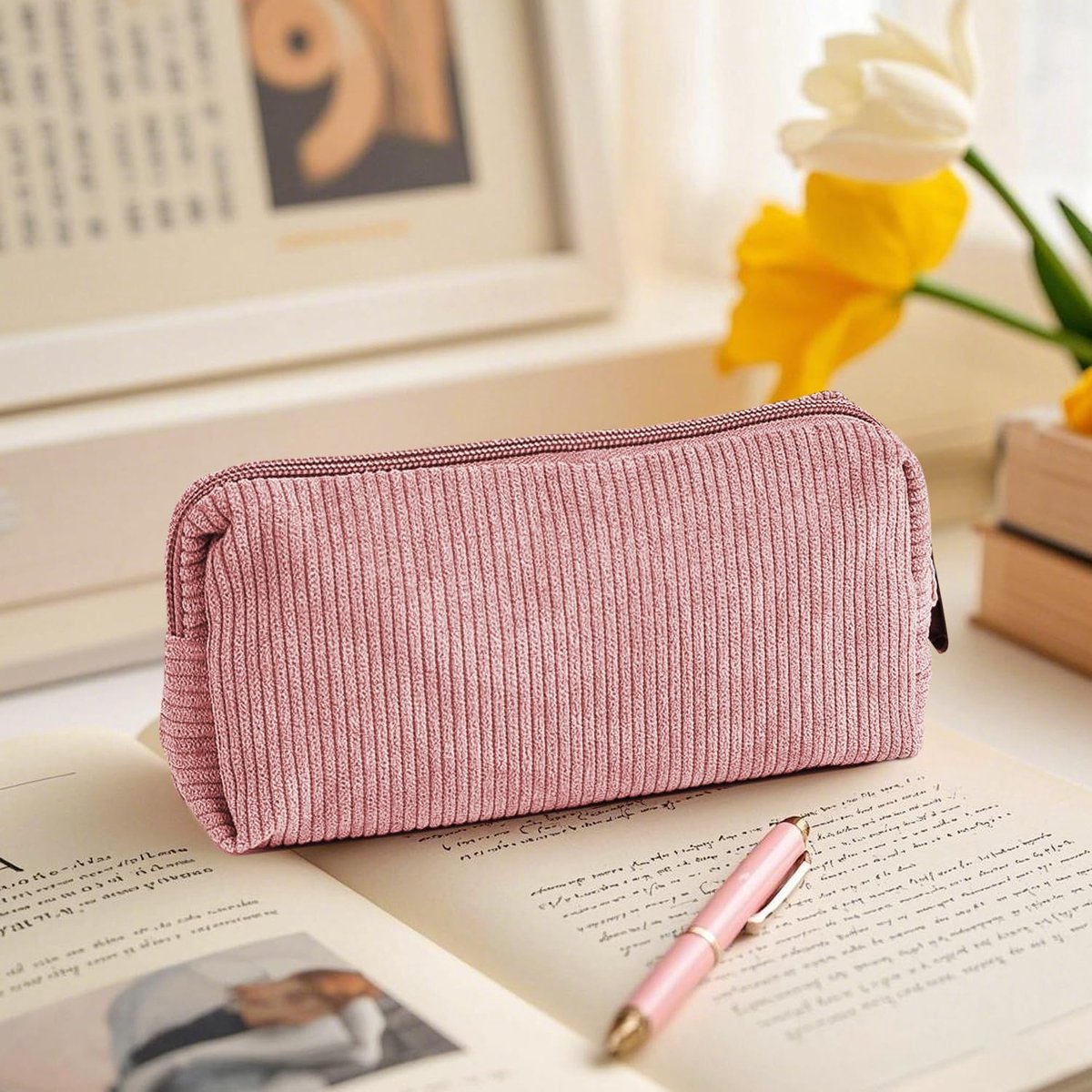 Pencil Case - Pencil Case - Pen Case - Storage Bag - School Pencil Case - Storage Box - Corduroy Pencil Case - Makeup Bag - with Zipper - Cosmetics Organizer - for girls, boys, adults and teenagers - 20*4.5*7.5cm - Pink