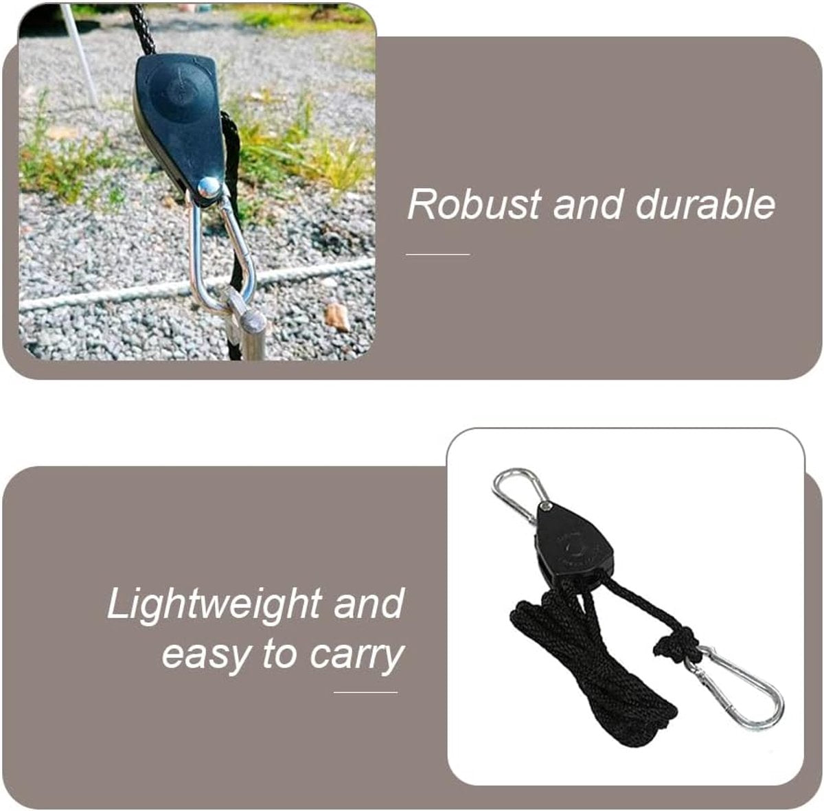4 pieces - 2m - heavy duty rope hanger - hanger rope - adjustable - plant hanging rope - lamp hanging rope - tent canopy rope stopper buckle - tent guy lines - with pulley - outdoor accessories - for camping and hiking outdoors - black