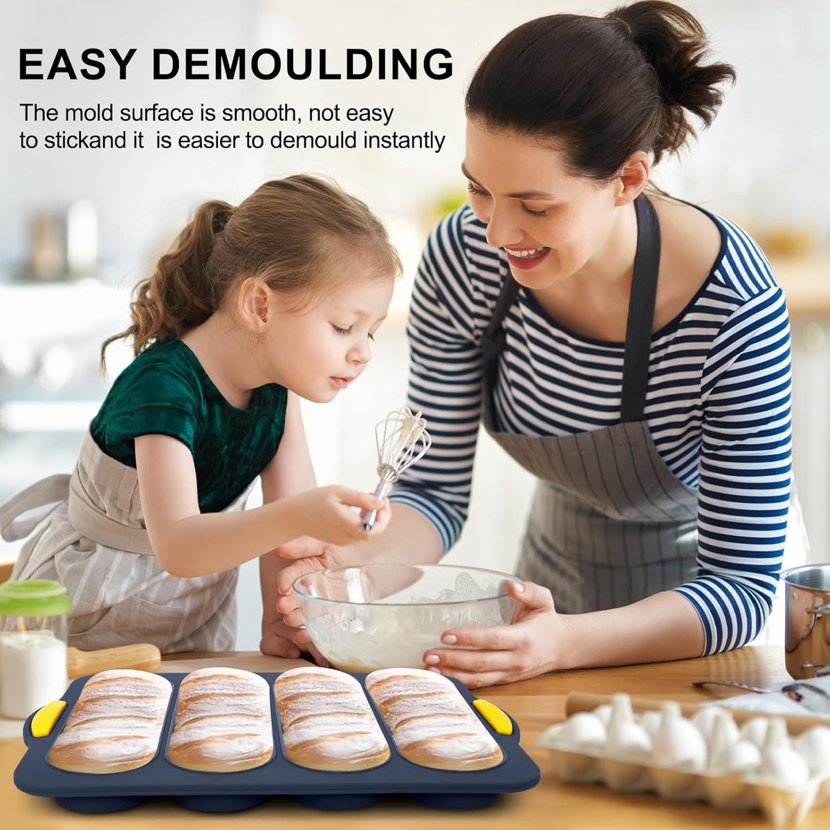 Silicone bread pan - with 4 cavities - non-stick coating - for sourdough bread and heat-resistant baguette pan - bread pans - for homemade bread - silicone baking molds - for hoagie rolls, sandwiches and hot dog buns - 34*24*2.5 cm - grey