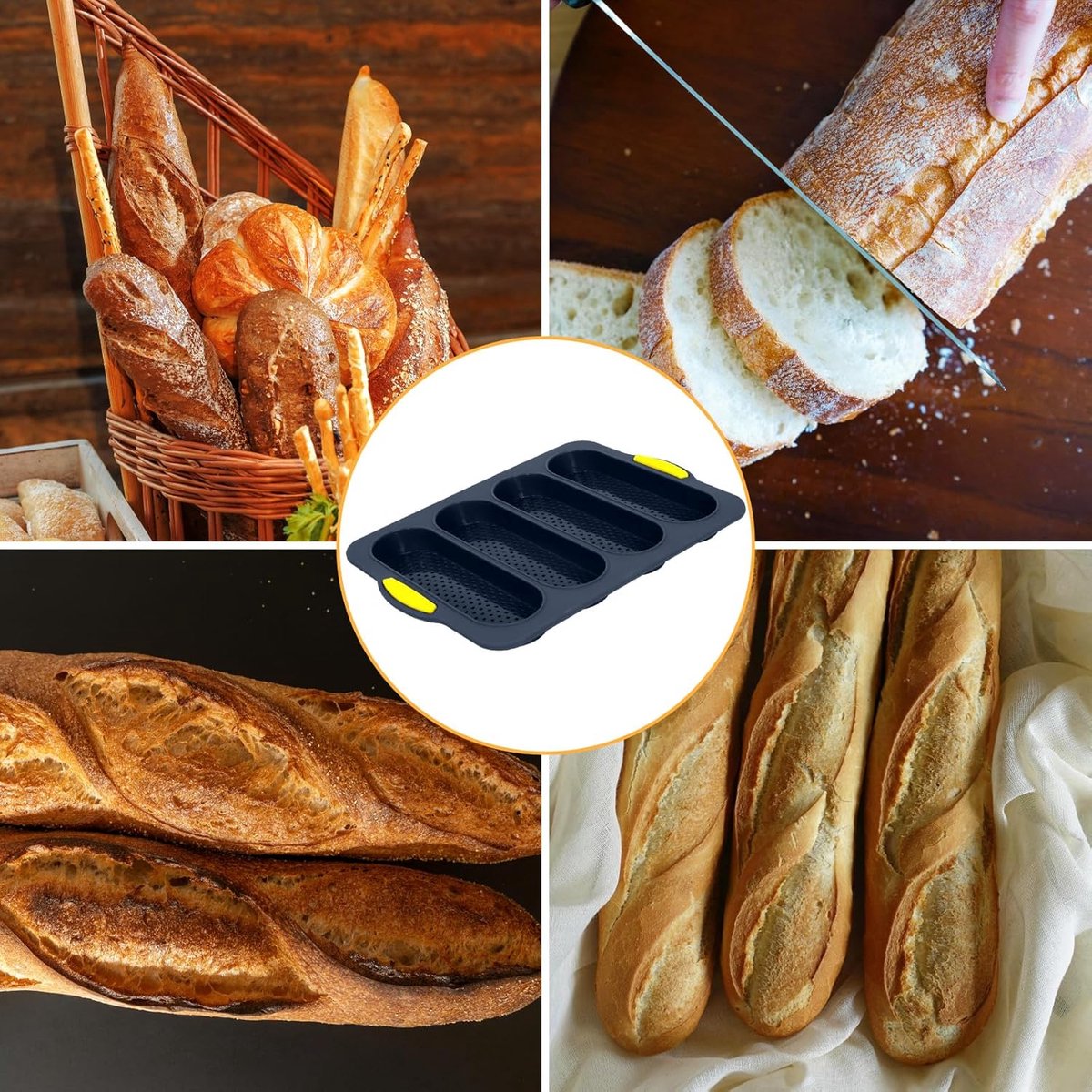 Silicone bread pan - with 4 cavities - non-stick coating - for sourdough bread and heat-resistant baguette pan - bread pans - for homemade bread - silicone baking molds - for hoagie rolls, sandwiches and hot dog buns - 34*24*2.5 cm - grey