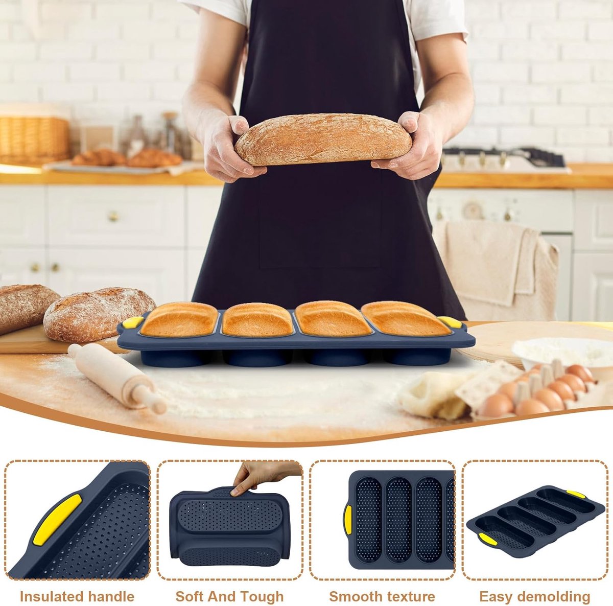 Silicone bread pan - with 4 cavities - non-stick coating - for sourdough bread and heat-resistant baguette pan - bread pans - for homemade bread - silicone baking molds - for hoagie rolls, sandwiches and hot dog buns - 34*24*2.5 cm - grey