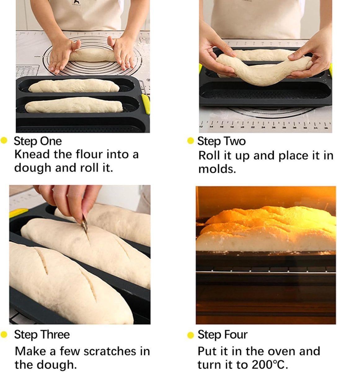 Silicone bread pan - with 4 cavities - non-stick coating - for sourdough bread and heat-resistant baguette pan - bread pans - for homemade bread - silicone baking molds - for hoagie rolls, sandwiches and hot dog buns - 34*24*2.5 cm - grey