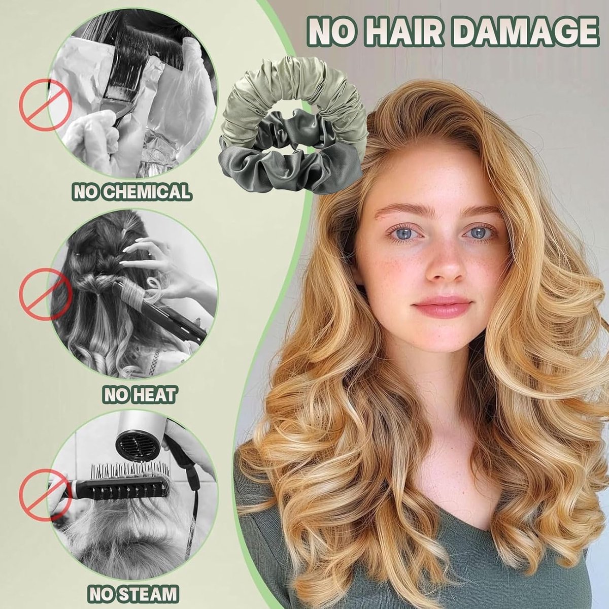 2 pieces - Heatless Curls - Hair curler - hair rollers - Heatless curlers - soft sleep curl scrunchie - for long, medium-length hair - heatless hair curler - satin night curler - lazy scrunchie - hair styling tools - pink and green