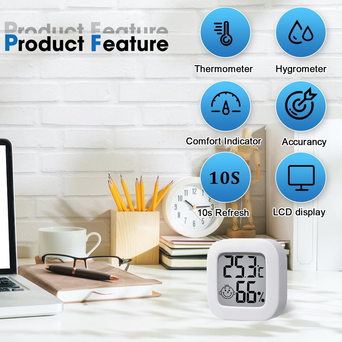 Mini hygrometer - 4 pieces - Weather station - Thermometer - Humidity meter - Highly accurate temperature monitor - Indoor thermometer - Hygrometer - Thermo-hygrometer - Comfort level indicator - White