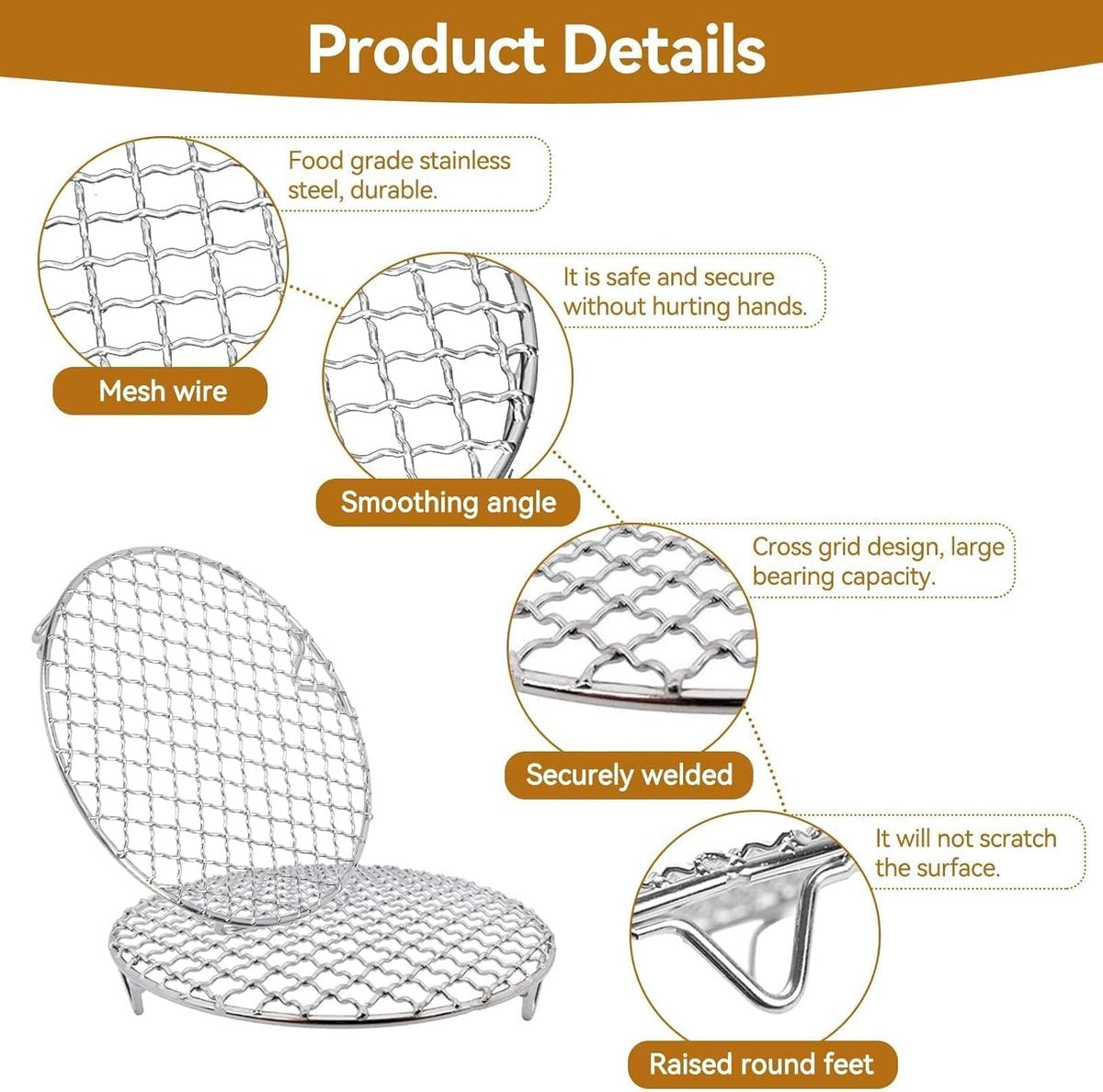 Grill - Grill grate - Grill accessories - Stainless steel grill - Round grill - Cooking and cooling rack - With support legs - For outdoor grilling - Silver - 18 cm/7.1"