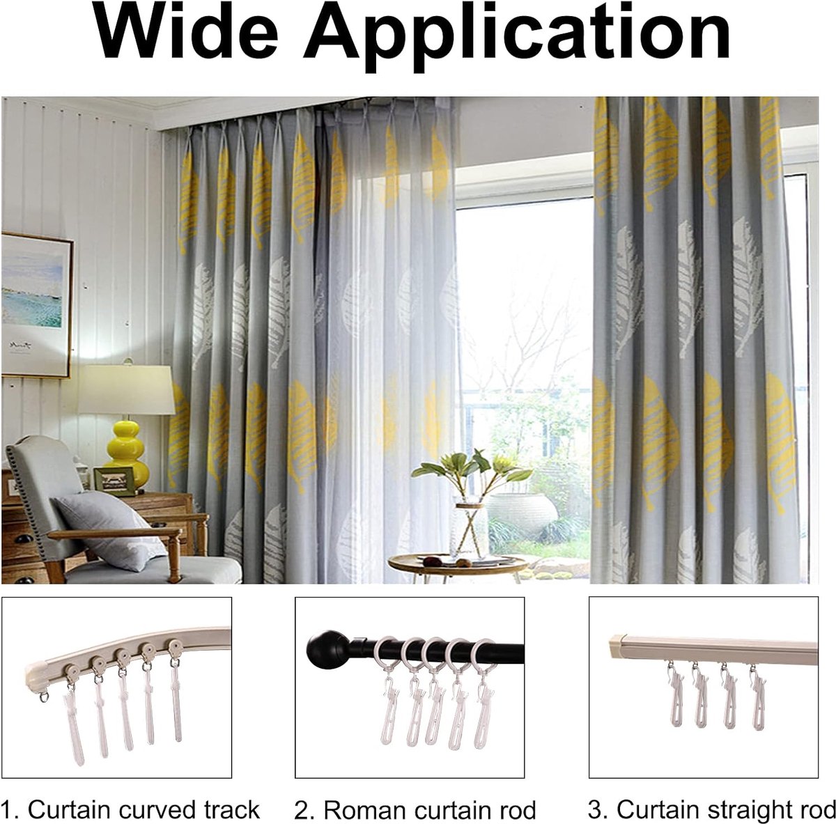 60 pieces - 8.5 cm - Curtain hook - Shower curtain hook - Plastic curtain hook - curtain clip hooks - curtain accessories - adjustable depth - pleated curtain clips - for door, shower curtains - white