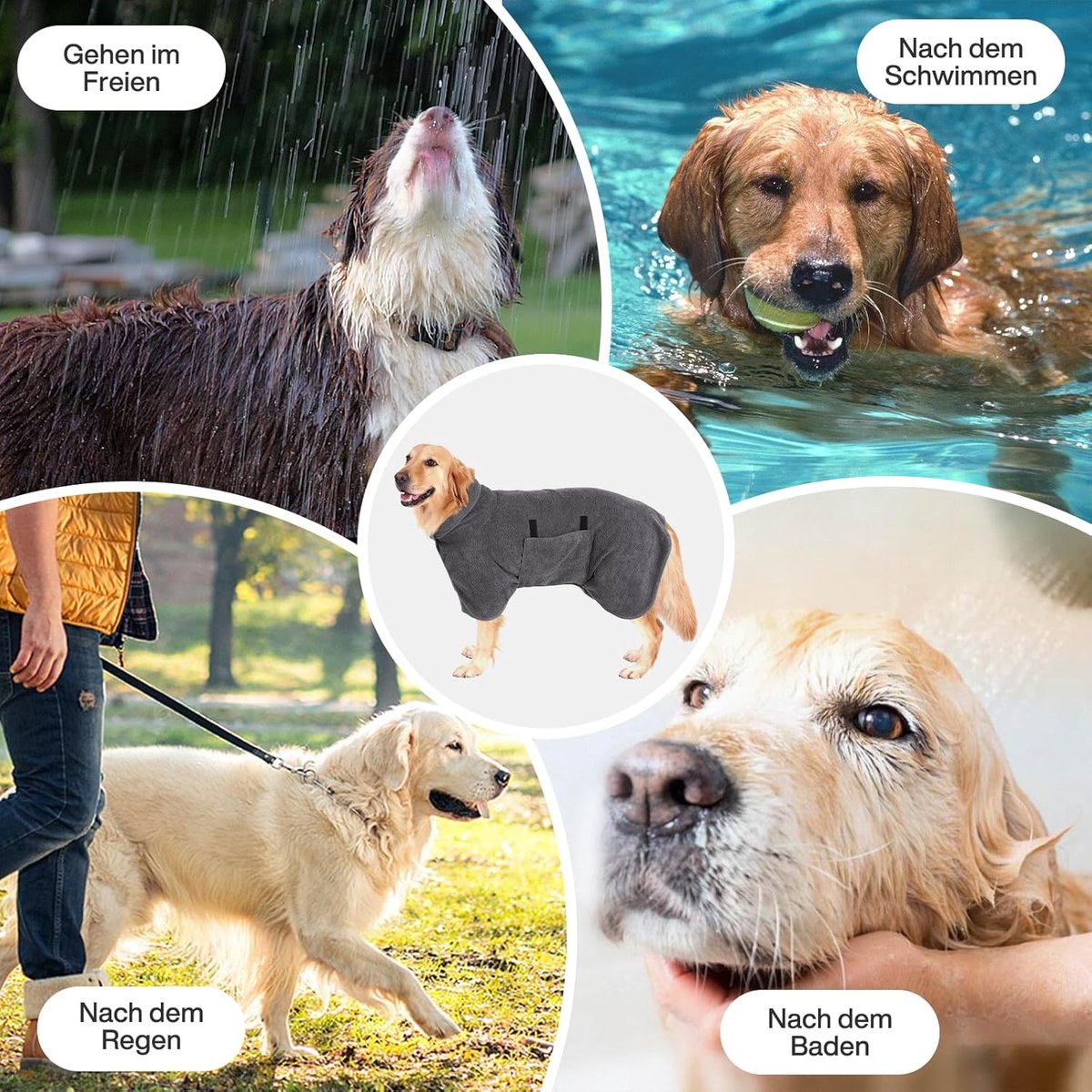 Dog bathrobe - Pet bath towel - Bathrobes for pets - Dog drying coat Bath towel - Dog towel - super absorbent dog towel - with Velcro - adjustable - for large, medium, small dogs - chest circumference 85 cm - grey - M