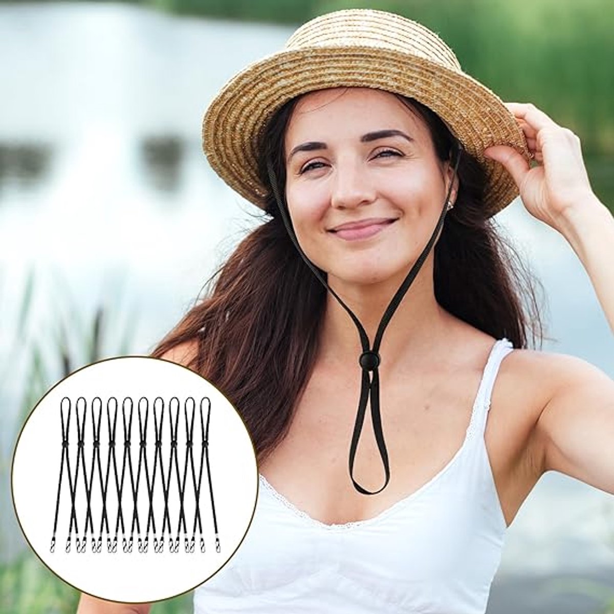 10 pieces - Hat cord - Windproof hat cord - Hat strap clips for travel hats - Removable chin strap - Anti-wind hood strap clip - Anti-loss hat strap clip - For golfing, boating, fishing, hats, outdoors - Black - 35 cm