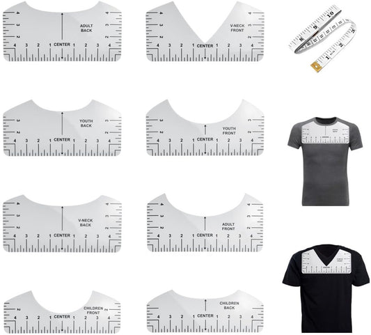 8 pieces - T-shirt ruler guide - with 1 soft measuring tape - T-shirt alignment tool - T-shirt alignment rulers - T-shirt rulers - for round neck and V-neck - sewing tools - white