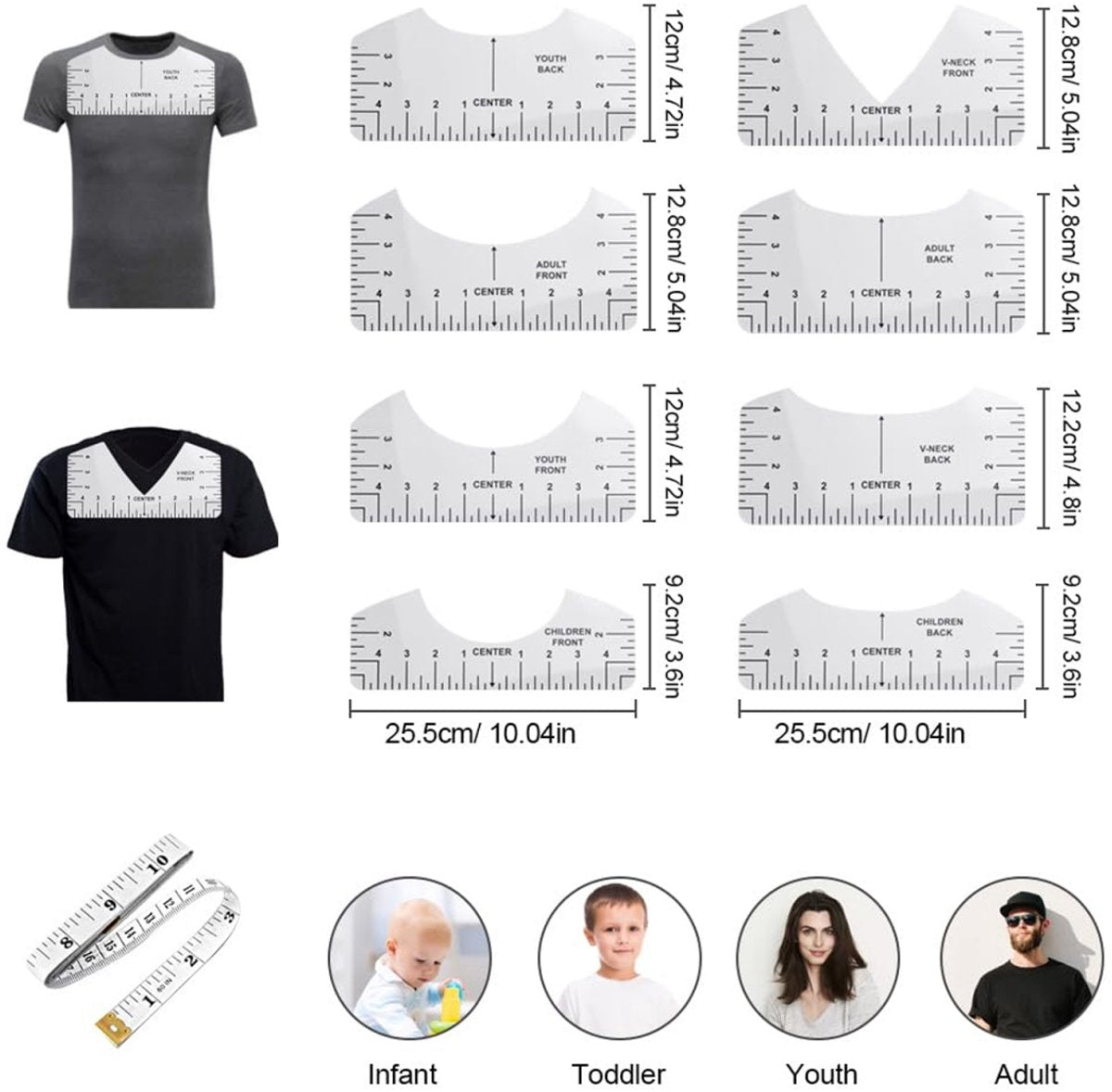 8 pieces - T-shirt ruler guide - with 1 soft measuring tape - T-shirt alignment tool - T-shirt alignment rulers - T-shirt rulers - for round neck and V-neck - sewing tools - white