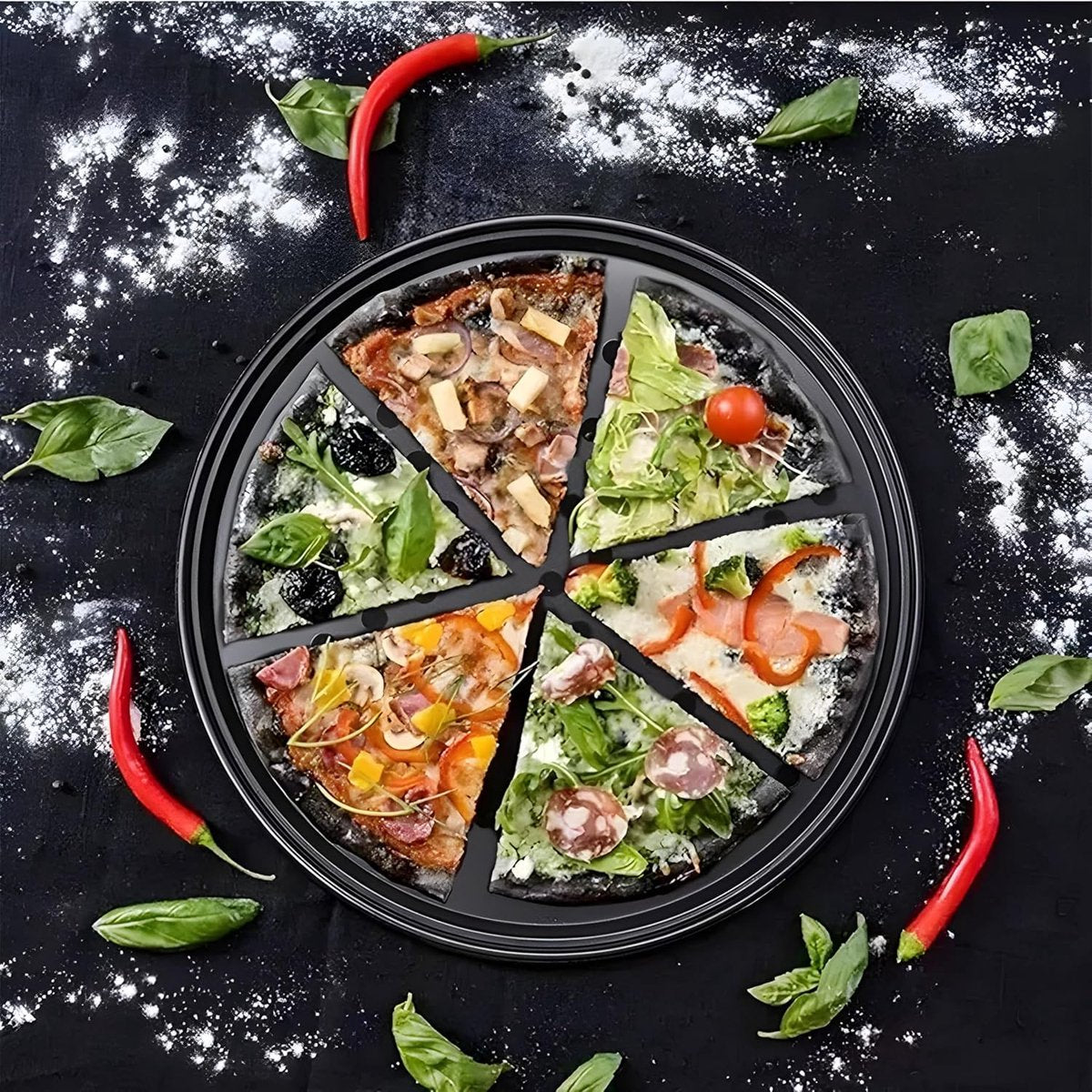 3 pieces - Pizza pans - round pizza plate - pizza baking sheet - baking sheet - round baking sheets with non-stick coating - perforated pizza baking set - pizza pans with holes - for home, kitchen and oven - 24cm, 28 cm, 32 cm - black