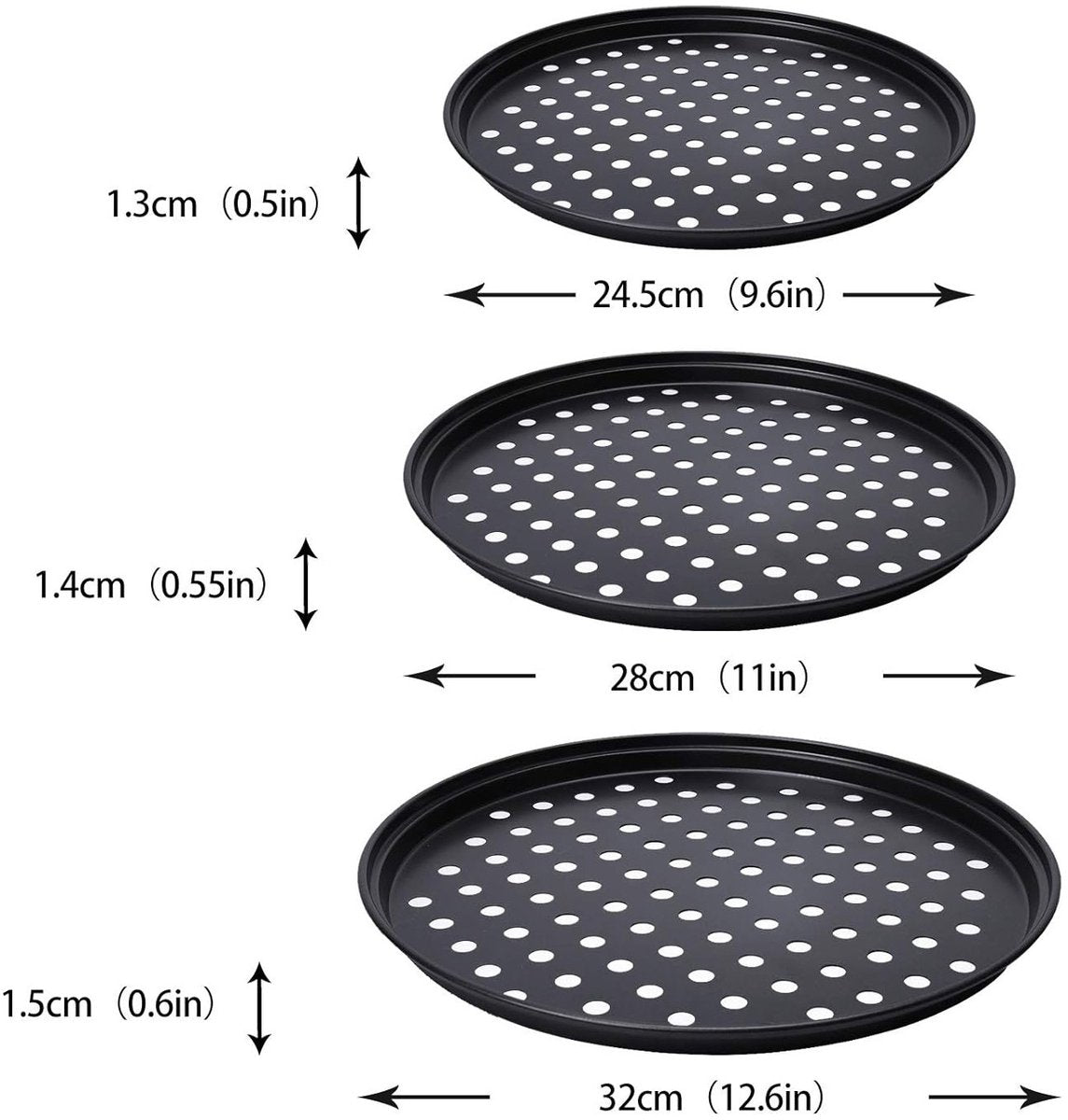 3 pieces - Pizza pans - round pizza plate - pizza baking sheet - baking sheet - round baking sheets with non-stick coating - perforated pizza baking set - pizza pans with holes - for home, kitchen and oven - 24cm, 28 cm, 32 cm - black
