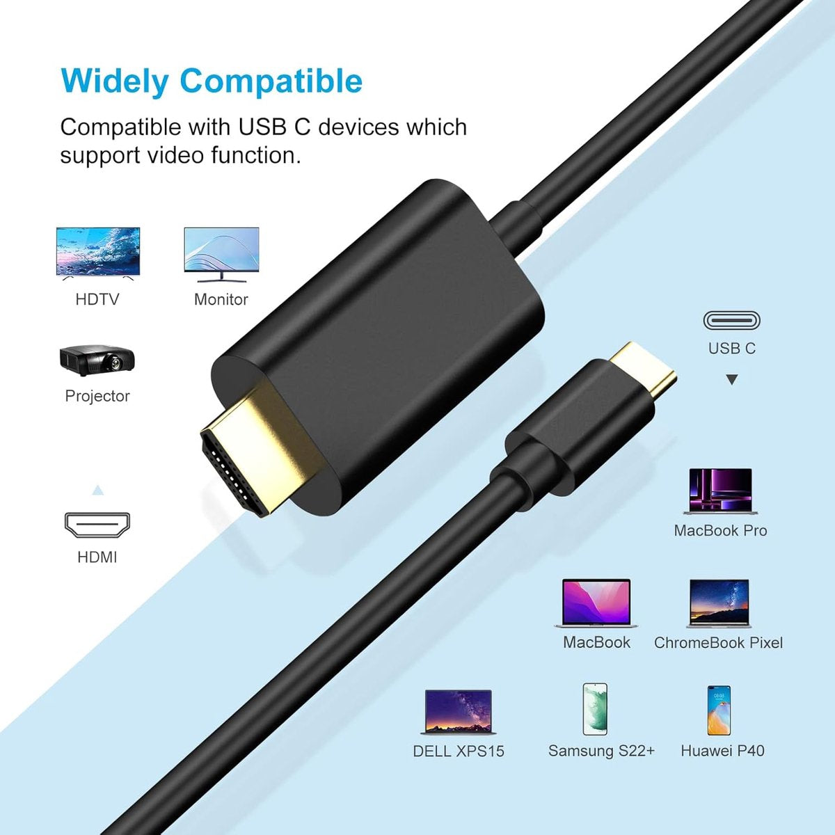 USB C to HDMI cable (6FT) - USB C HDMI cable - 4K Ultra HD, High-Speed - USB C HDMI cable - HDMI USB C cable - HDMI to USB C cable - USB Type C to HDMI cable for home office