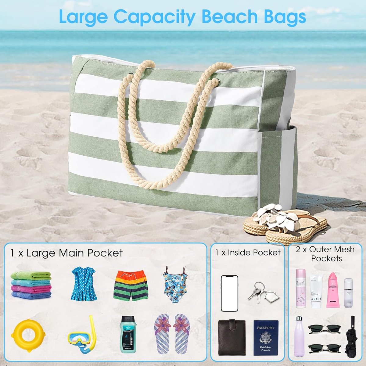 Beach bag - large beach bags for women - waterproof beach bags with zipper and rope handle, travel bags Shopping essentials Pool Gym - Vegetables