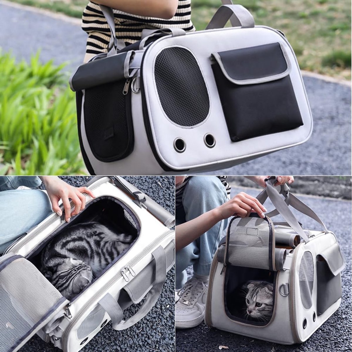 Cat and Dog Transport Bag - Travel Basket - Foldable Cat Transport Box - Cat Bag - Pet Carrier Bag with breathable holes and pockets - for medium-sized cats, small dogs - Dog Bag - 45 x 28 x 26 cm - Black