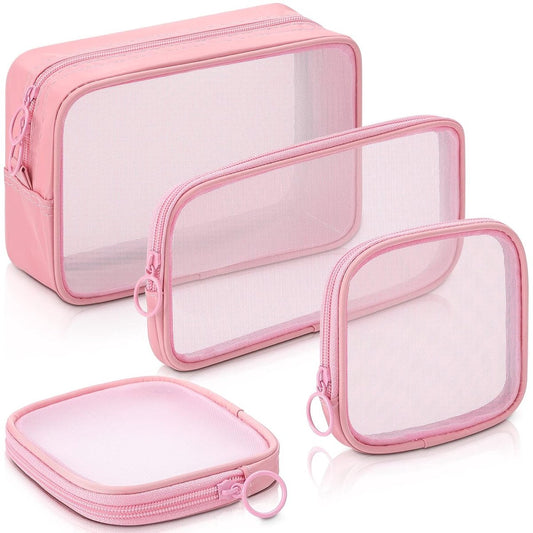4 pieces - Cosmetic bag - Travel toiletry bag - Storage bag - mesh cosmetic bag - travel bag with zipper - mini makeup bag - for daily accessories - for travel and daily use - small, large, medium - pink