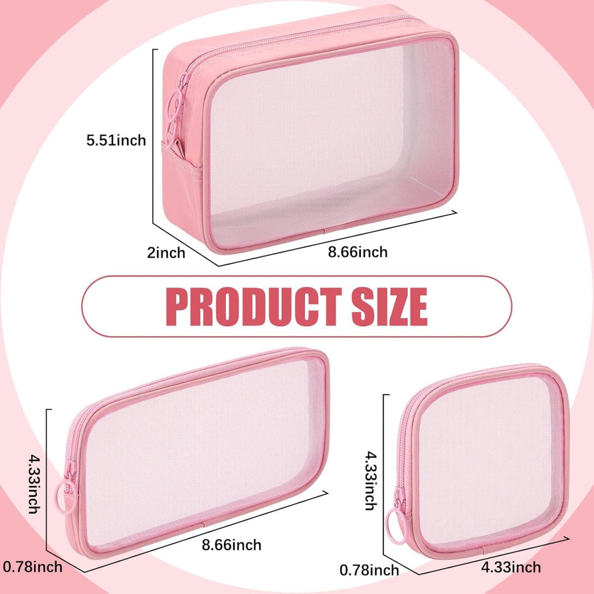 4 pieces - Cosmetic bag - Travel toiletry bag - Storage bag - mesh cosmetic bag - travel bag with zipper - mini makeup bag - for daily accessories - for travel and daily use - small, large, medium - pink