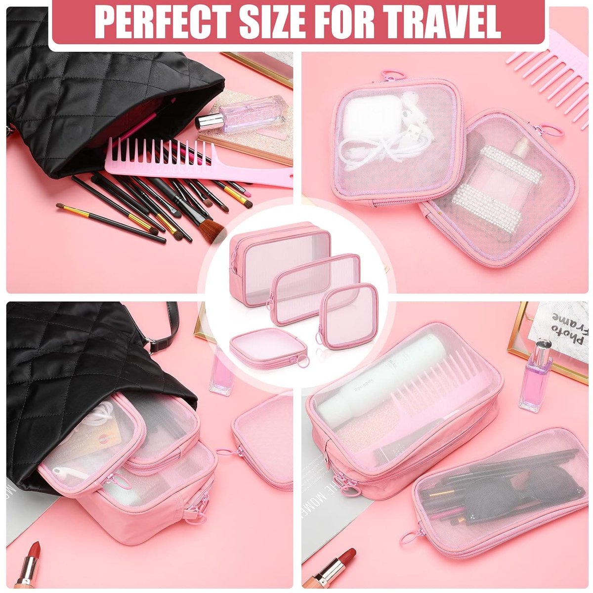 4 pieces - Cosmetic bag - Travel toiletry bag - Storage bag - mesh cosmetic bag - travel bag with zipper - mini makeup bag - for daily accessories - for travel and daily use - small, large, medium - pink