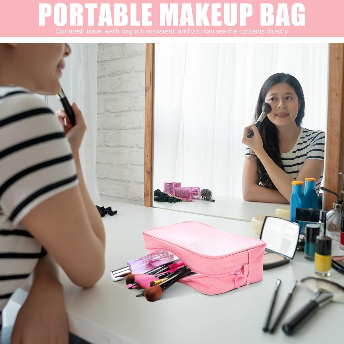 4 pieces - Cosmetic bag - Travel toiletry bag - Storage bag - mesh cosmetic bag - travel bag with zipper - mini makeup bag - for daily accessories - for travel and daily use - small, large, medium - pink