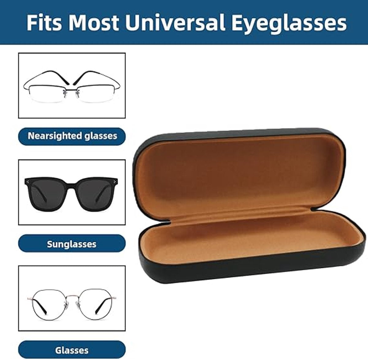 Hard glasses case - PU leather glasses case - Wearable protection - Cover - Leather glasses case - Black - 16 x 6.4 x 3.6 cm