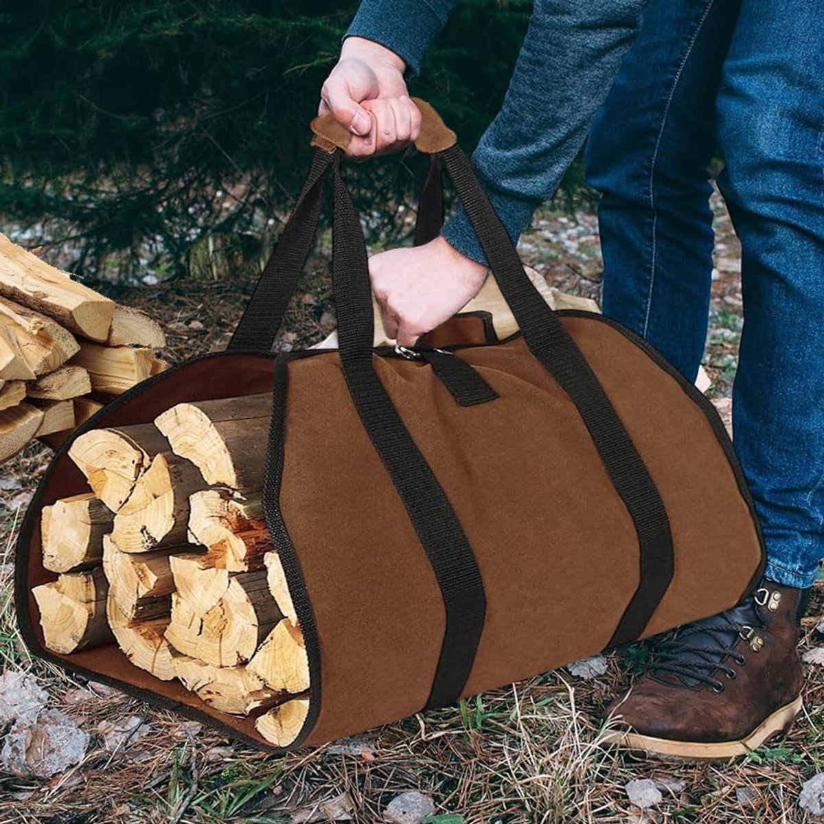 Firewood bag - Firewood sack - Firewood bag - Firewood carrying bag - Firewood carrying bag - Outdoor camping wood bag - large waterproof carrying bag - with non-slip handles - storage bag - firewood storage - for wood stoves and camping - 46*98 cm - brow
