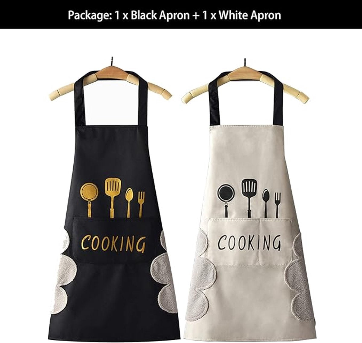 Kitchen Apron - 2 pieces - Professional Cooking Apron - Ladies' Kitchen Apron with Hand-Wipe Pockets - for Ladies and Gentlemen - Professional Cooking Apron - Catering Apron - Large Pocket - Hand-Wipe - Waterproof - for Cooking and Baking - Easily Adjusta
