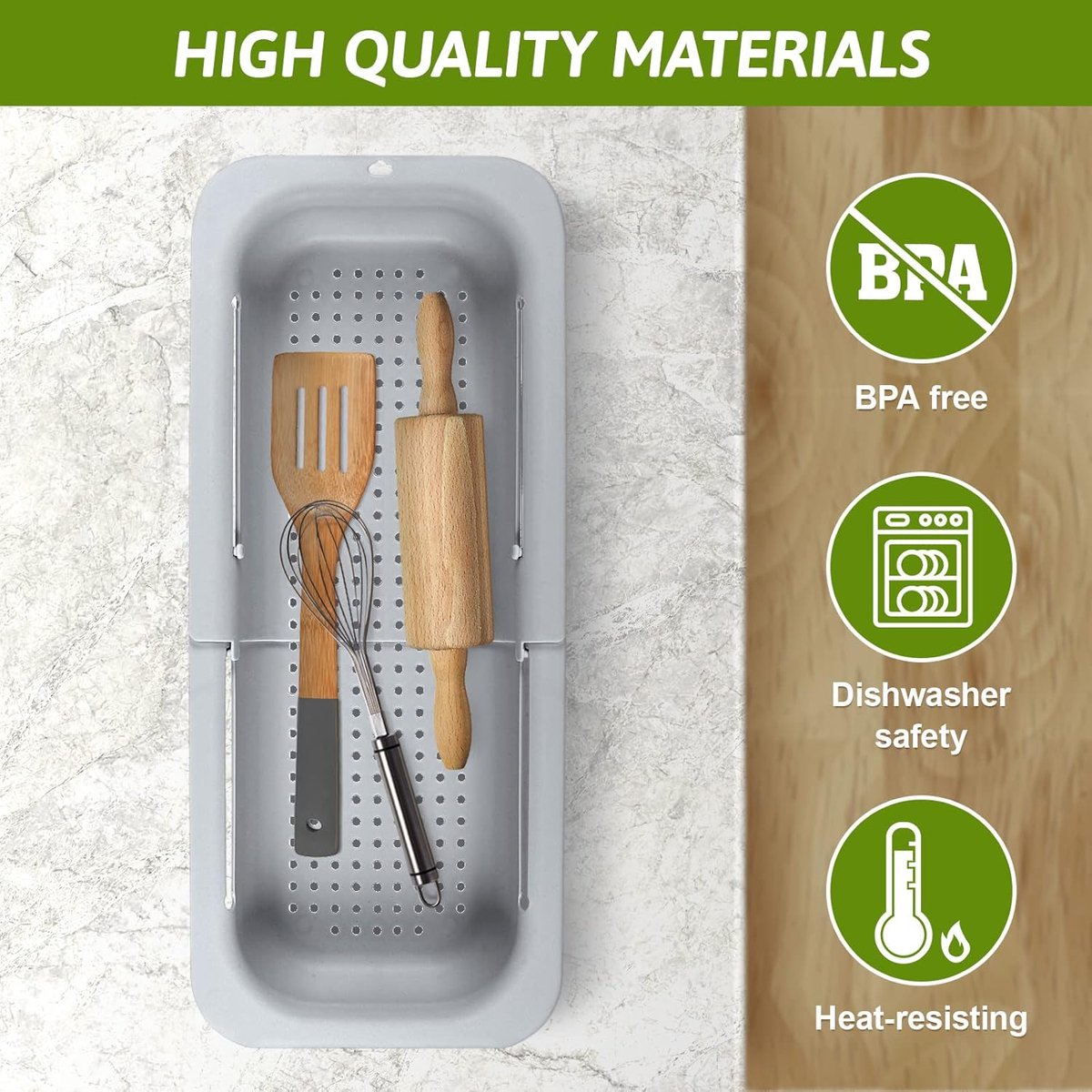 Sink drain basket - Strainer - Washing vegetables and fruit - Draining cooked pasta and drying dishes - Extendable and telescopic - New kitchen accessories for the home - Grey