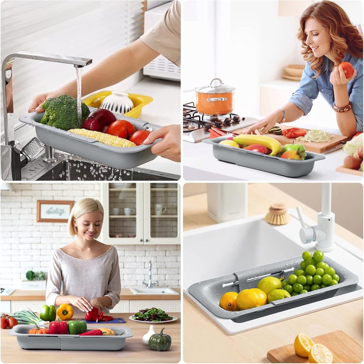 Sink drain basket - Strainer - Washing vegetables and fruit - Draining cooked pasta and drying dishes - Extendable and telescopic - New kitchen accessories for the home - Grey