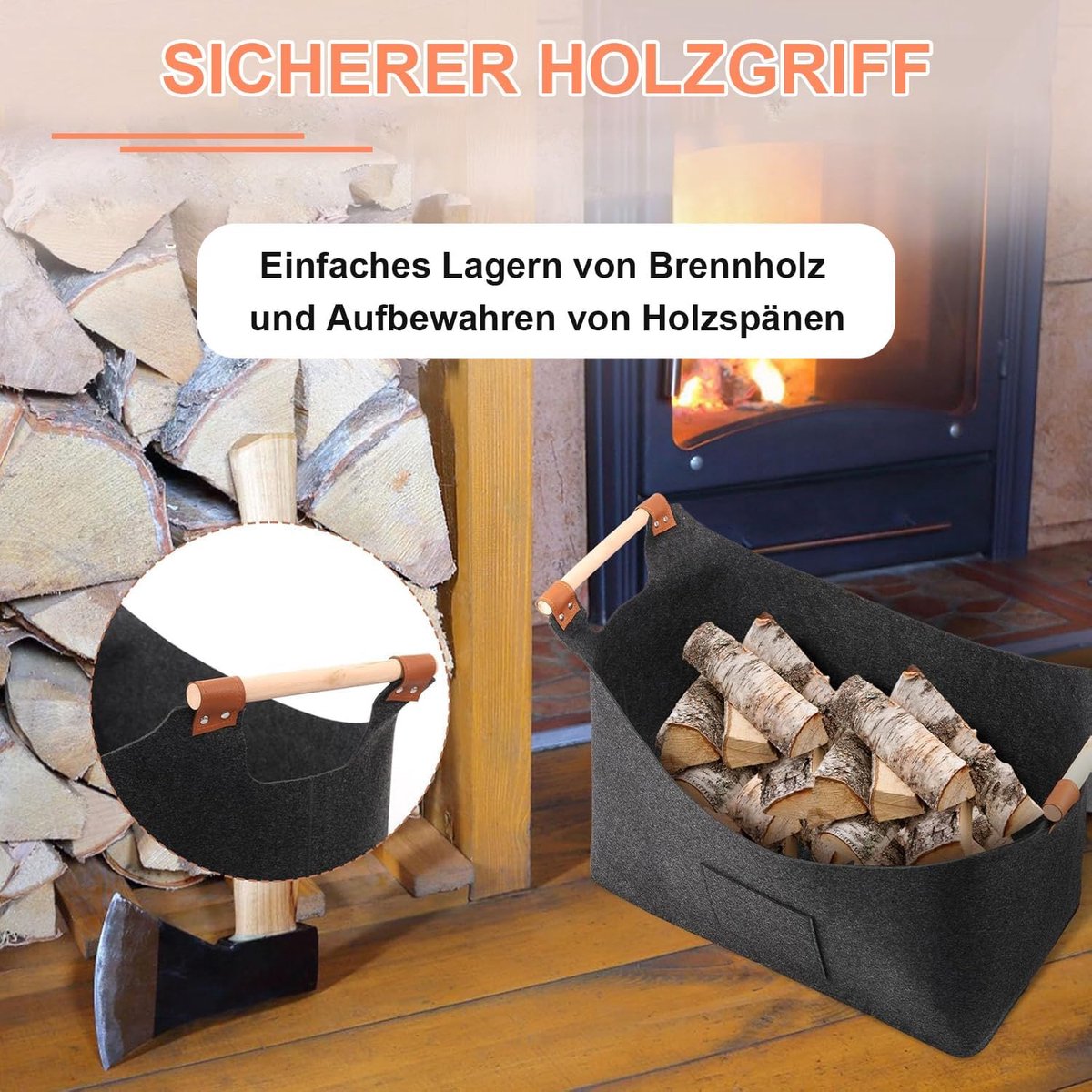 wood basket - firewood basket - storage basket - Foldable felt firewood basket with wooden handles - Fireplace Wood Basket - firewood basket - storage basket for wood, toys and books - Firewood basket - Dark grey