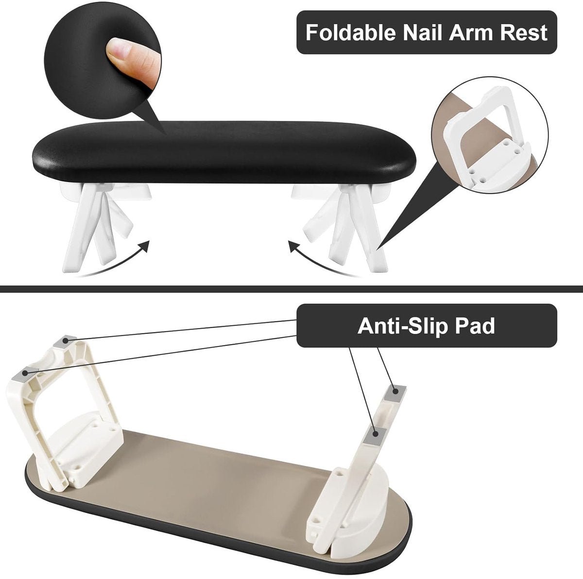 Nail Armrest - foldable - Nail Stylist Armrest - PU leather nail hand rest - with table mat - for nail technology - Nail Cushion - nail hand cushion for manicure salon use - Manicure pads - Manicure Cushion - Nail armrest cushion - Black