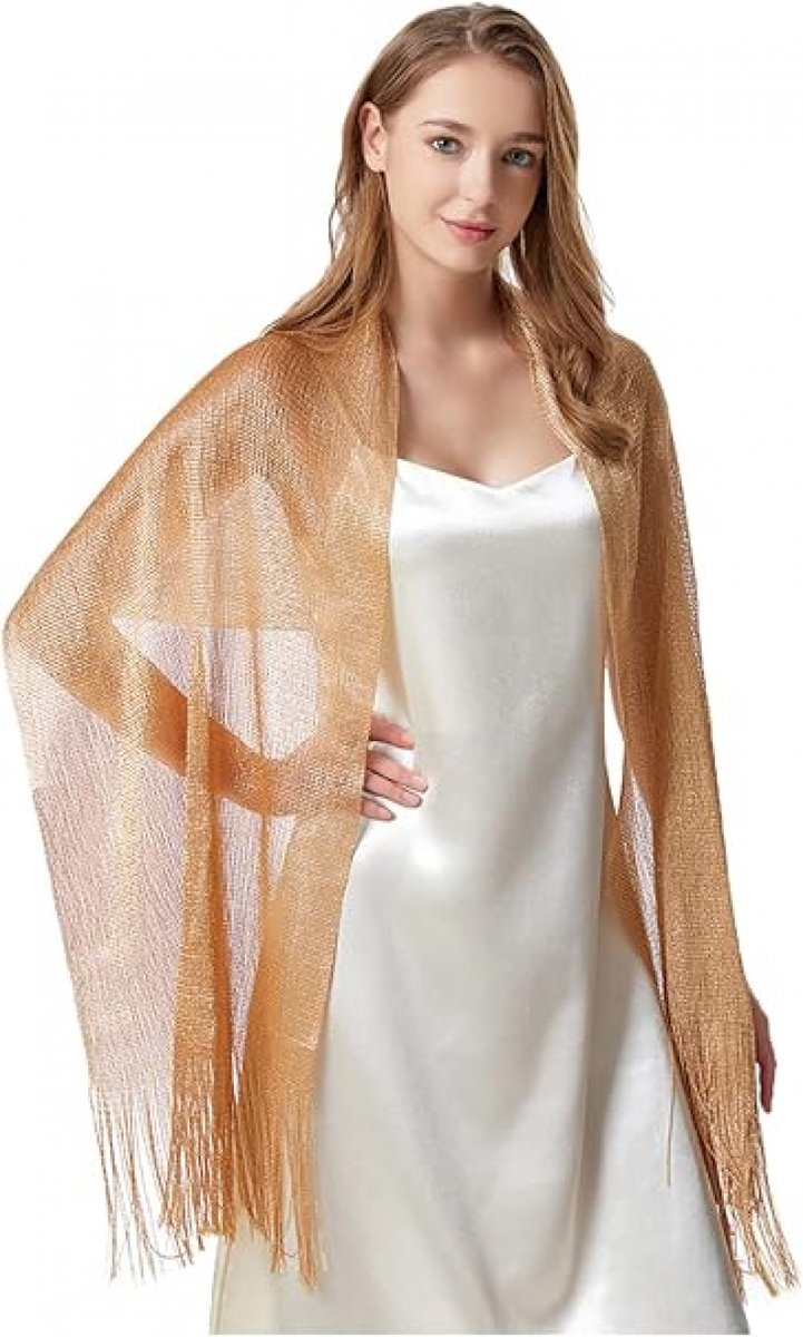 1 Shiny gold ladies' scarf - Ladies' scarf with tassels - Bridal scarf - Bridal scarf - Scarf - Tassel - For wedding ceremony, dinner and bridesmaids - Gold - 175 x 45 cm