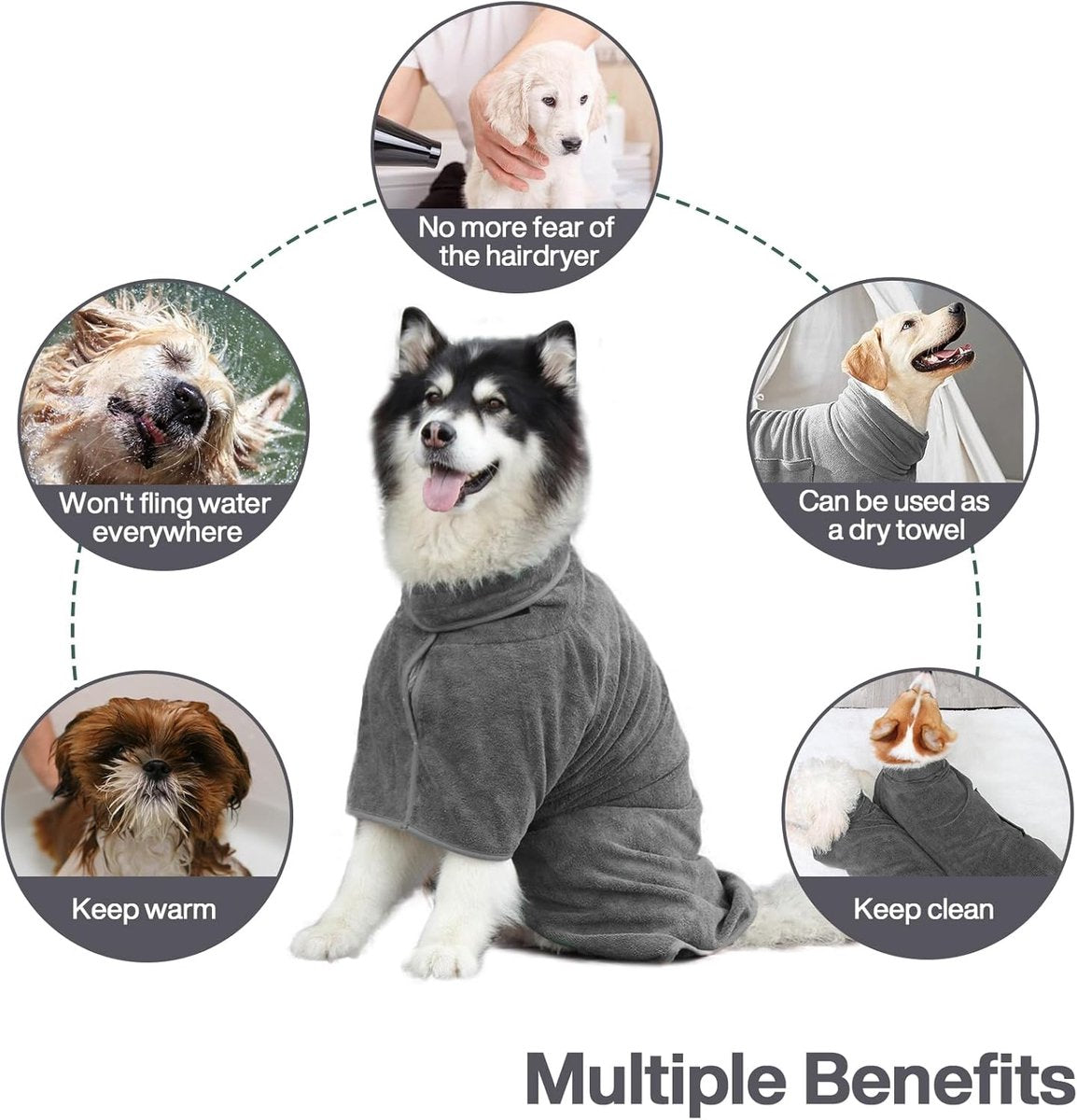 Dog bathrobe - Pet bath towel - Bathrobes for pets - Dog drying coat Bath towel - Dog towel - super absorbent dog towel - with Velcro - adjustable - for large, medium, small dogs - chest circumference 110cm - grey - XL