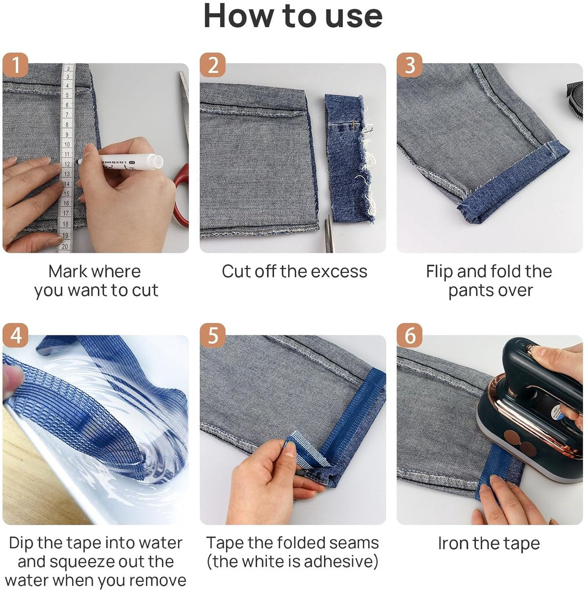 Iron-on tape - 10 m*2.5 cm - Hemming tape - Hemming tape for trousers - Curtain tape - pleating tape - iron-on hem tape - self-adhesive tape without sewing - for hemming - washable repair tape - for jeans, suit trousers, waistband - blue