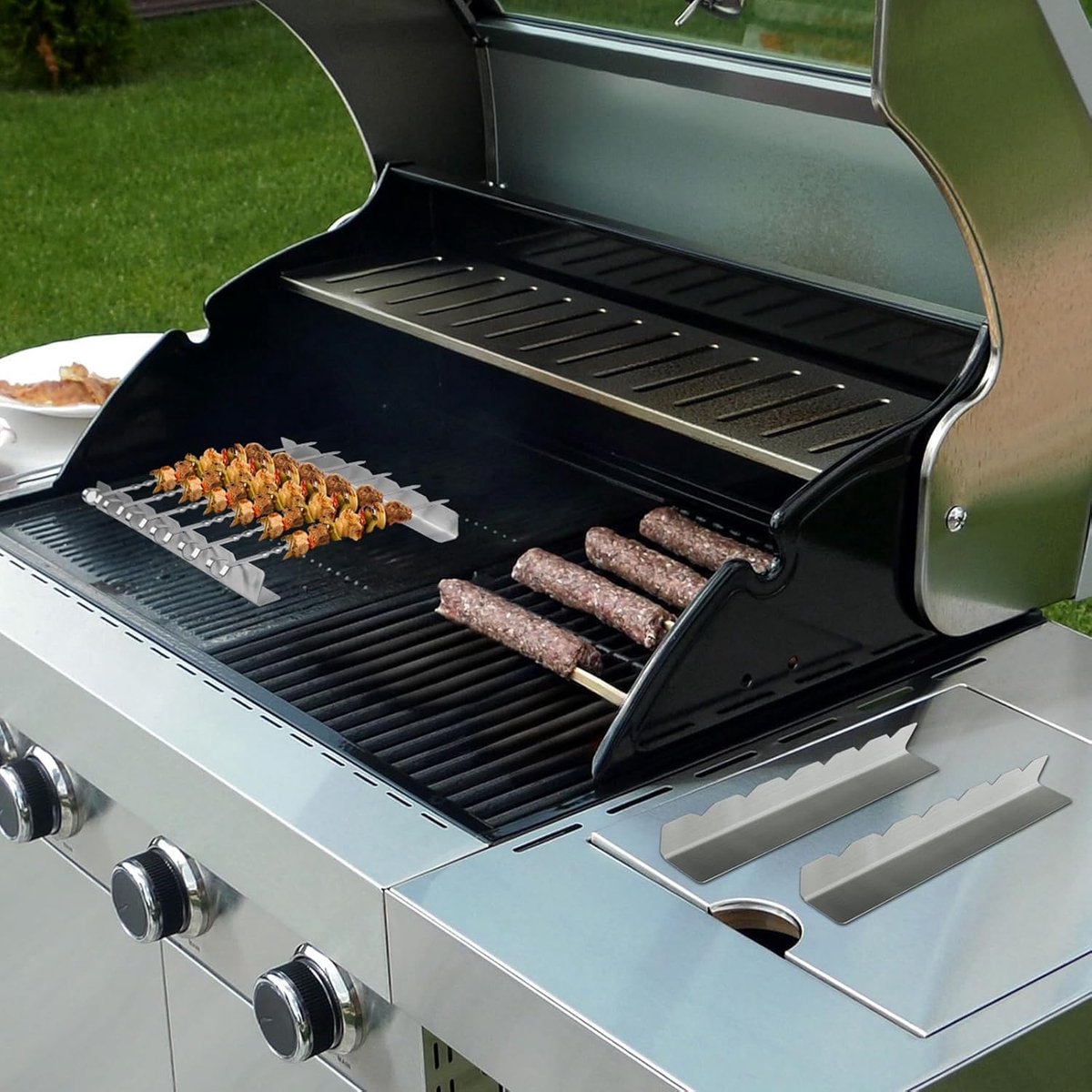 4 pieces - Skewer holder - Stainless steel skewer rack - BBQ Skewer Holder - Stainless Steel Skewer Holder - Shish kebab - stainless steel grill - BBQ accessories - for long barbecue skewers - 30*3.5*4.5 cm - silver