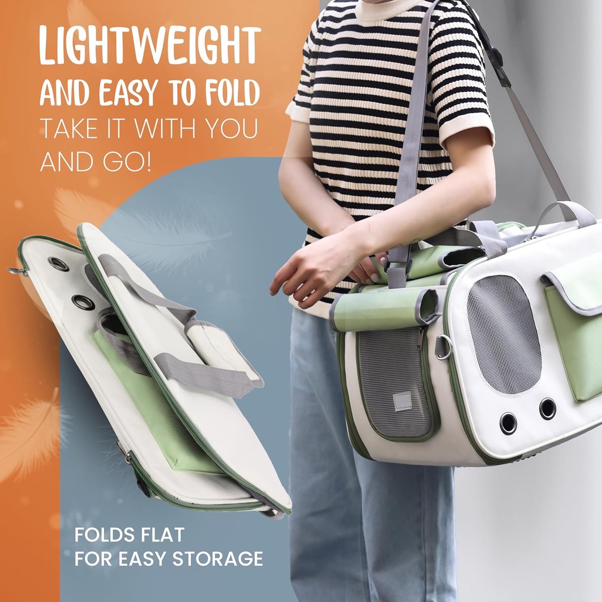 Cat and Dog Transport Bag - Travel Basket - Foldable Cat Transport Box - Cat Bag - Pet Carrier Bag with breathable holes and pockets - for medium-sized cats, small dogs - Dog Bag - 45 x 28 x 26 cm - Green