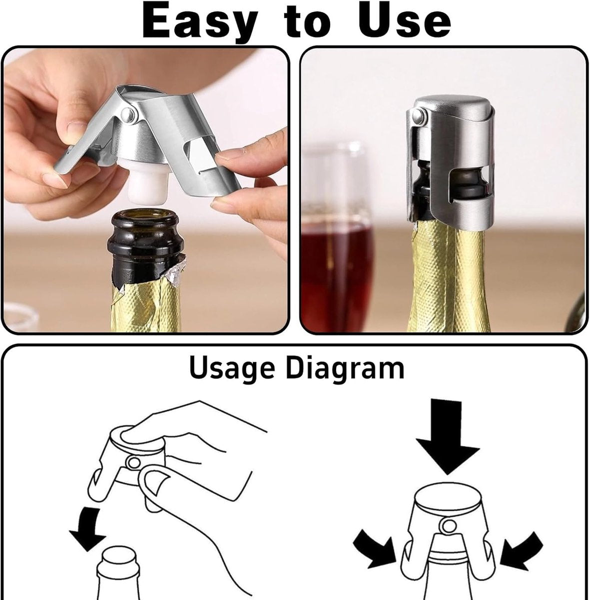 pieces - Stainless steel champagne stoppers - Reusable - champagne corks and stoppers - Food-grade anti-bubble wine stoppers - Leak-proof - For champagne, cava and prosecco - 5.5*3.8 cm - silver