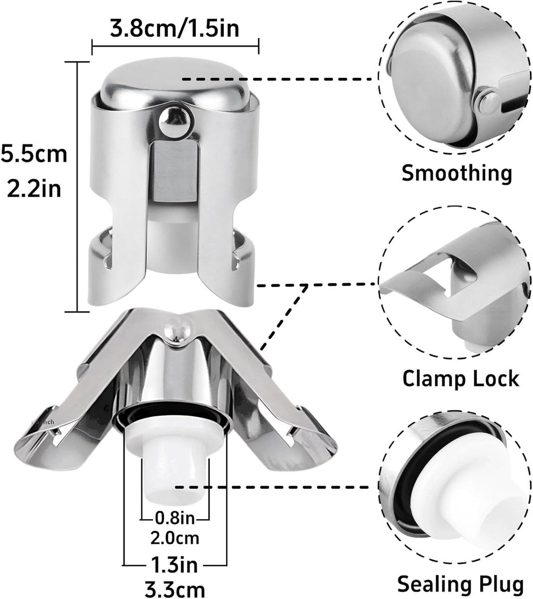 pieces - Stainless steel champagne stoppers - Reusable - champagne corks and stoppers - Food-grade anti-bubble wine stoppers - Leak-proof - For champagne, cava and prosecco - 5.5*3.8 cm - silver