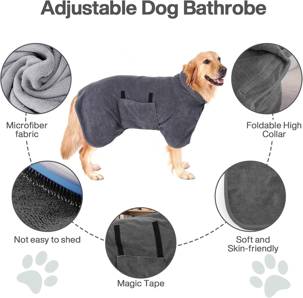 Dog bathrobe - Pet bath towel - Bathrobes for pets - Dog drying coat Bath towel - Dog towel - super absorbent dog towel - with Velcro - adjustable - for large, medium, small dogs - chest circumference 55 cm - grey - XS