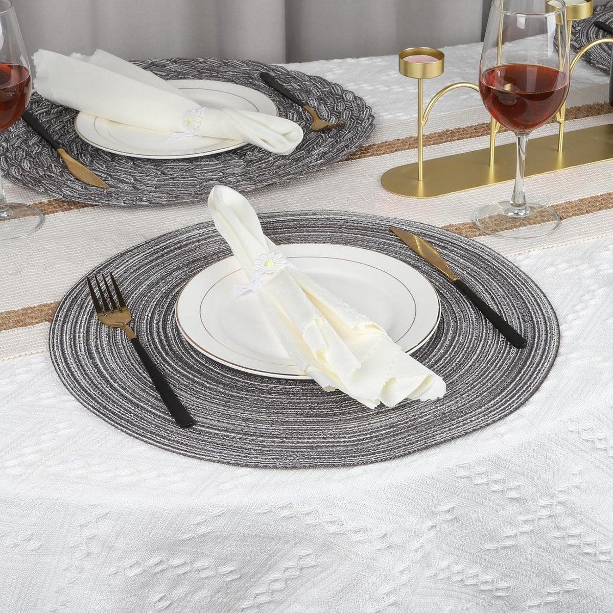 6 pieces - Table mats - Placemats - Round placemats - washable cotton placemats - round braided placemats - Round table mats - Woven placemats - Round placemats - grey - 38*38 cm
