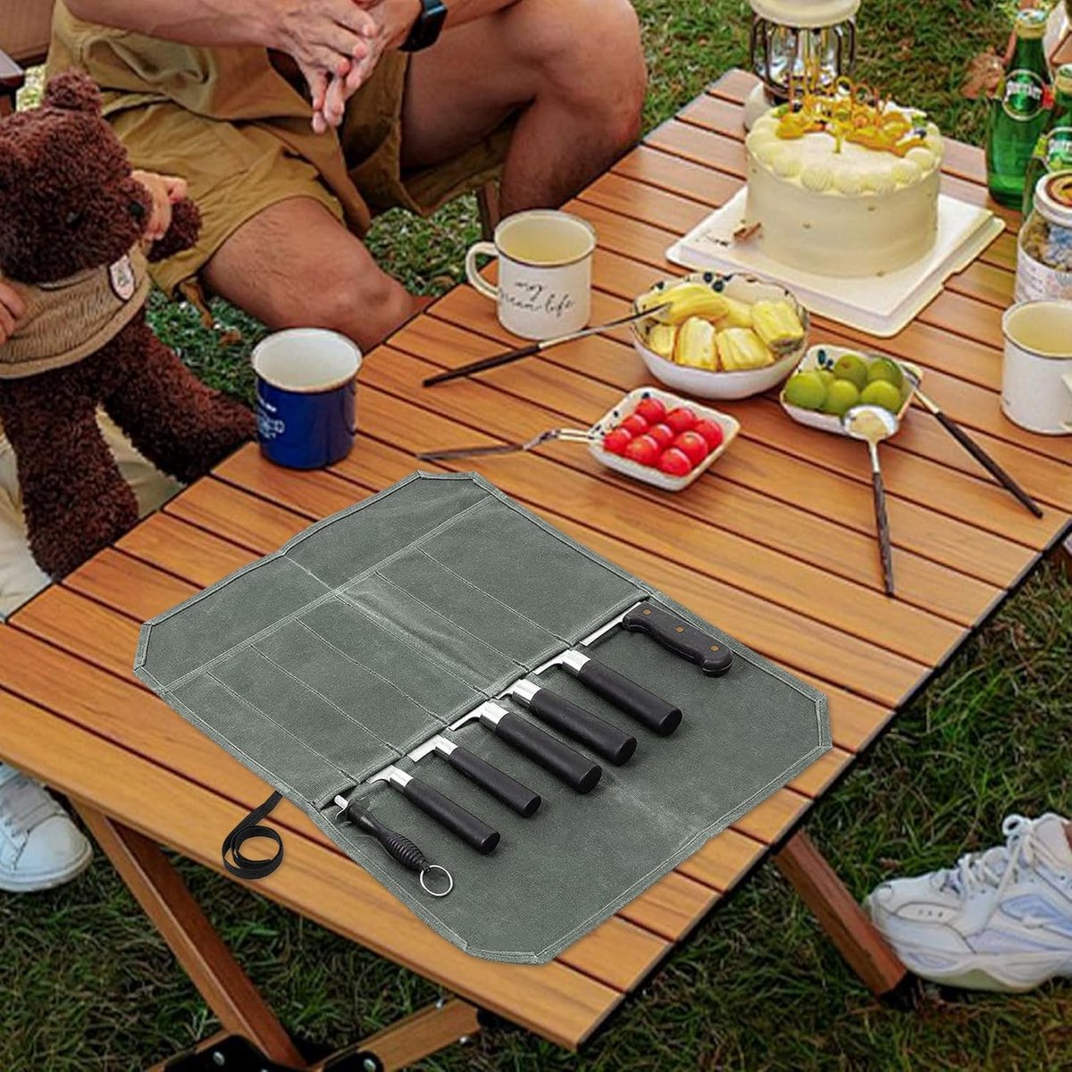 Chef Tools Protector - with 7 slots - Chef's knife roll bag - Knife bag - Waxed canvas knife bag - Cookware - knife case - knife holder - storage bag - cutlery tool roll bag - for camping - (Knives Not Included) - 45*56 cm - green