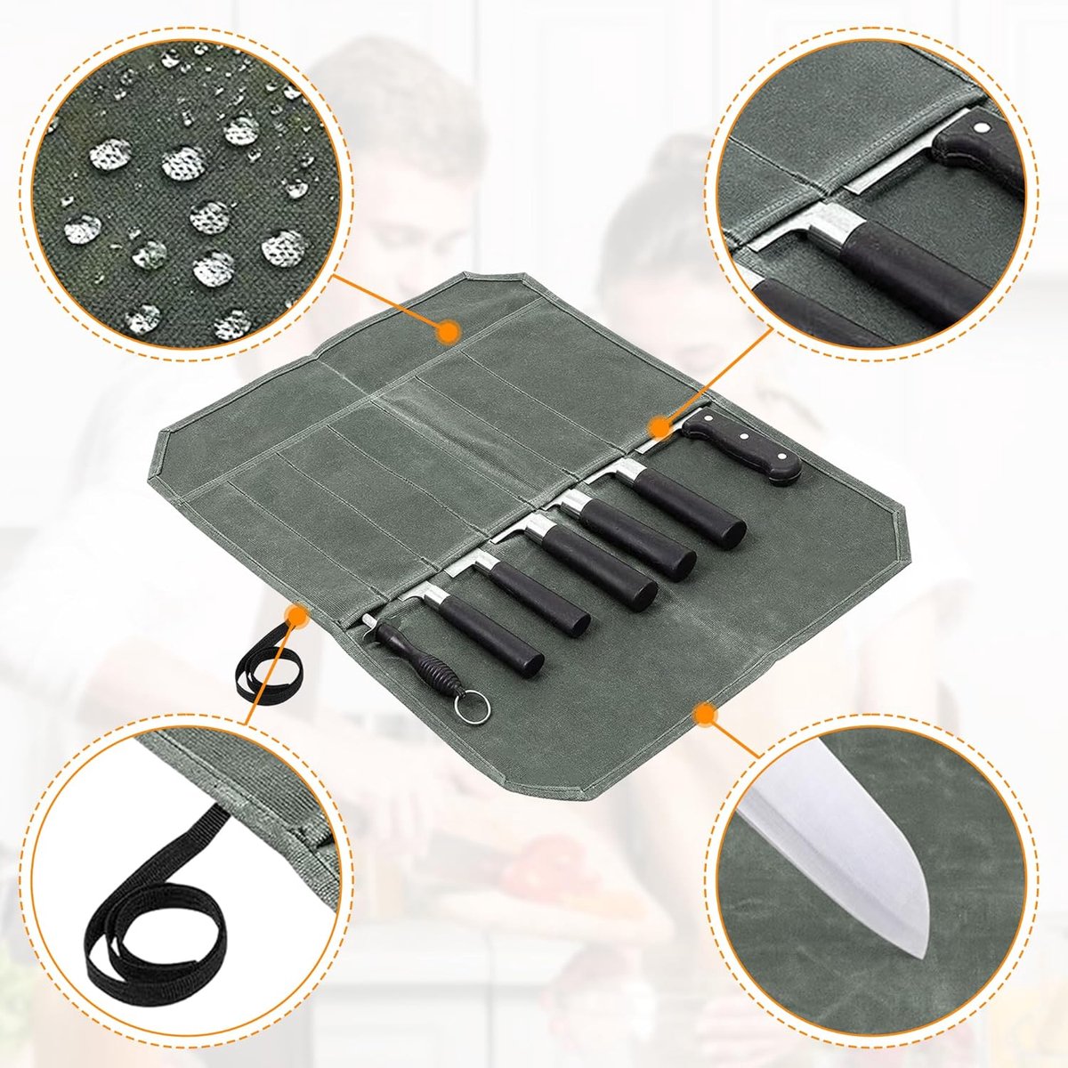 Chef Tools Protector - with 7 slots - Chef's knife roll bag - Knife bag - Waxed canvas knife bag - Cookware - knife case - knife holder - storage bag - cutlery tool roll bag - for camping - (Knives Not Included) - 45*56 cm - green