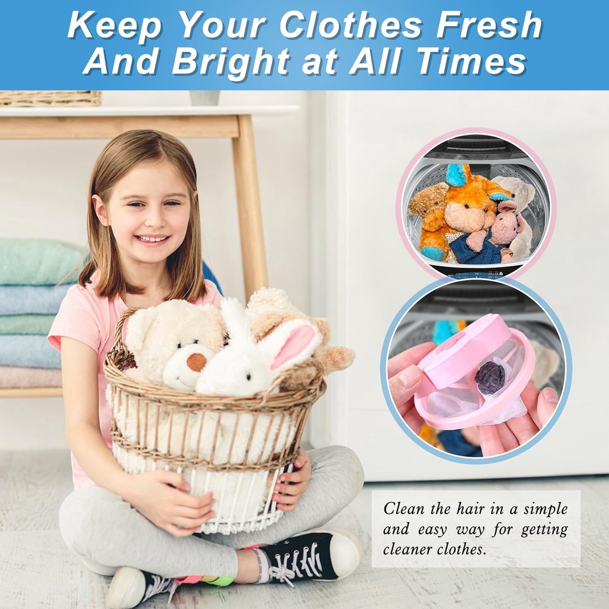 4 pieces - Filter bags for washing machines - Pet hair catcher - washing machine mesh bag - lint catcher - washing machine hair catcher - for dogs and cats - reusable - household hair filter - washing machine lint catcher mesh bag - blue and pink