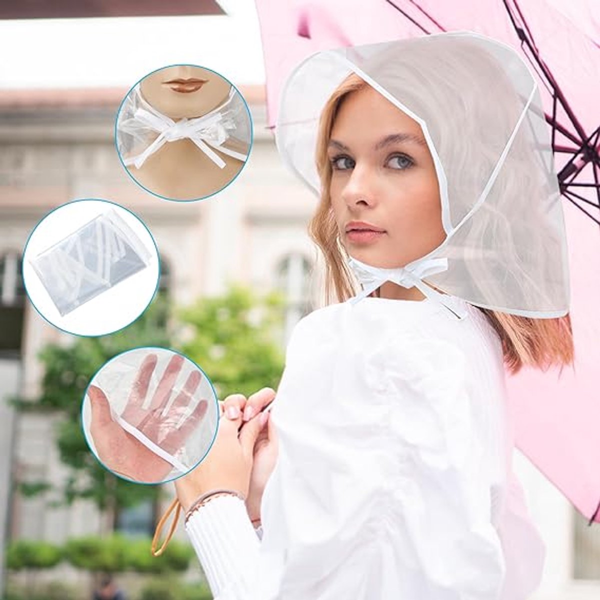 6 pieces - Rain hat - transparent waterproof rain cap - with plastic brim - transparent plastic cover - waterproof cover - protective hood - rain caps for outdoor activities - reusable - rain hat for women - 115*33cm - white