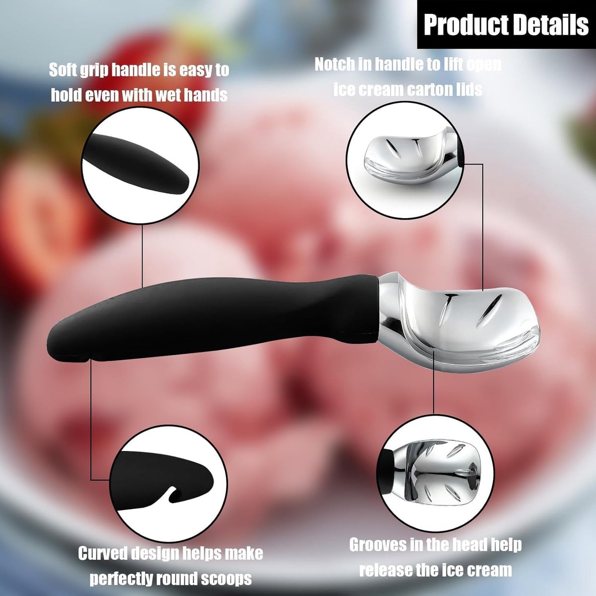 Stainless steel ice cream scoop - 19x5x3cm - ice cream scoop - spoon - comfortable handle - ice cream measuring spoon - for ice cream, melon, meatballs, cake, cookie dough, rice - black