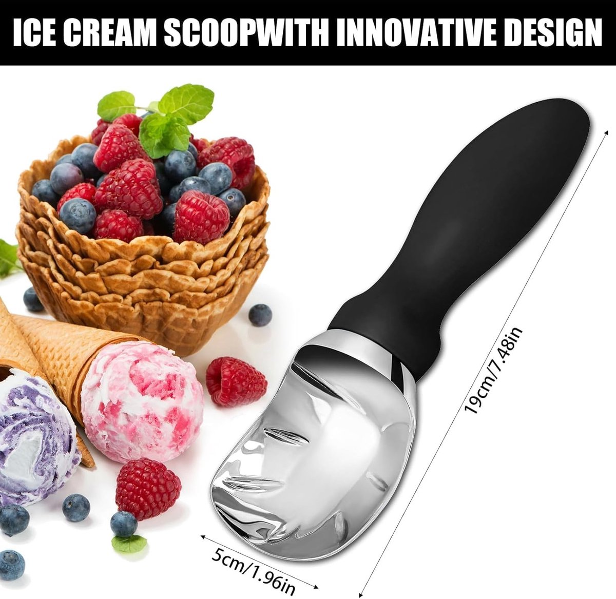 Stainless steel ice cream scoop - 19x5x3cm - ice cream scoop - spoon - comfortable handle - ice cream measuring spoon - for ice cream, melon, meatballs, cake, cookie dough, rice - black
