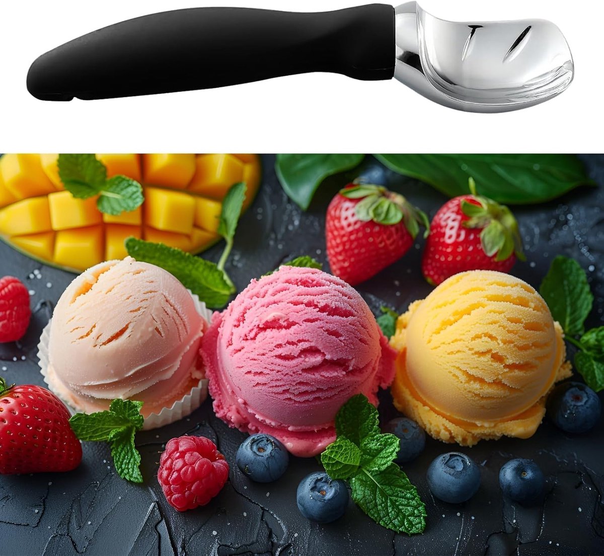 Stainless steel ice cream scoop - 19x5x3cm - ice cream scoop - spoon - comfortable handle - ice cream measuring spoon - for ice cream, melon, meatballs, cake, cookie dough, rice - black