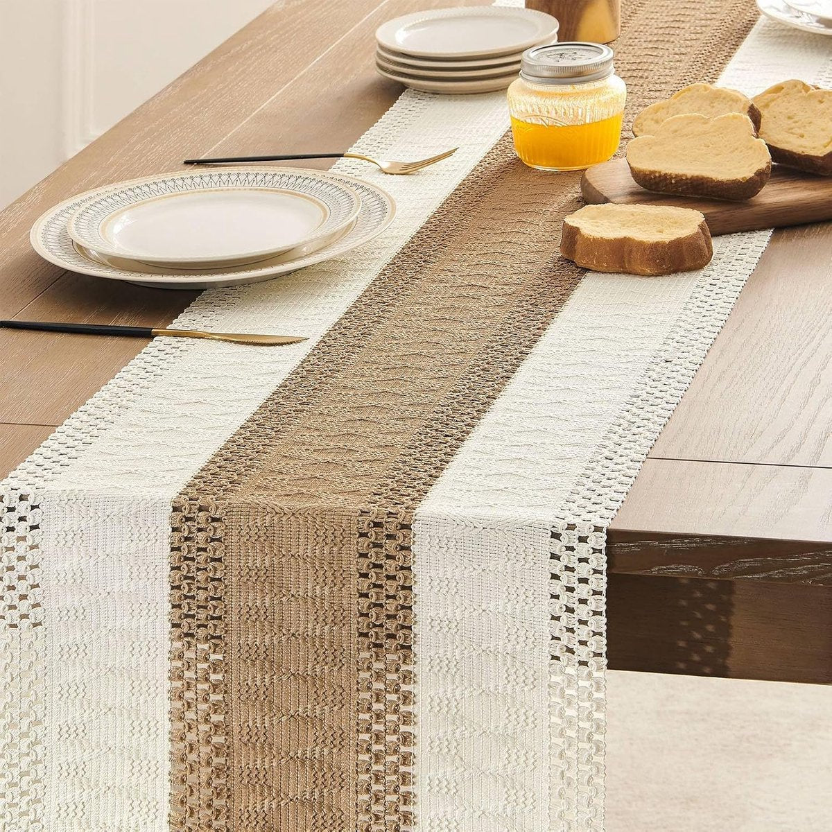 Table Runner - 30 x 183 cm - Bohemian Table Runner - Macrame Style Bicolor Stitching Table Runner - Small Dinner Tablecloth - Boho Neutral Table Runners - Farmhouse Woven Home Decor