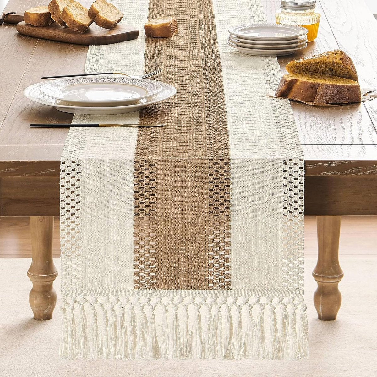 Table Runner - 30 x 183 cm - Bohemian Table Runner - Macrame Style Bicolor Stitching Table Runner - Small Dinner Tablecloth - Boho Neutral Table Runners - Farmhouse Woven Home Decor