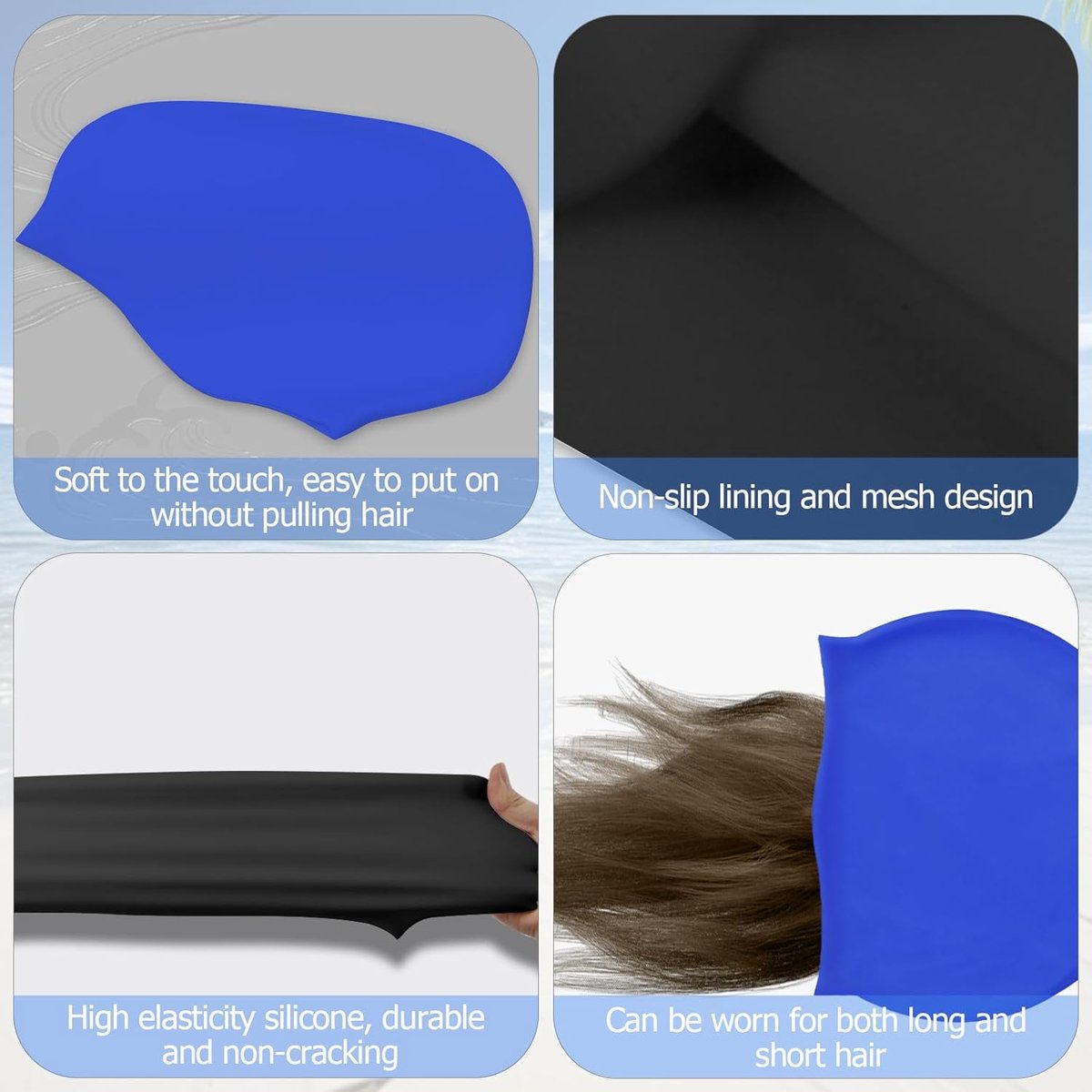 pieces - swimming cap - 23*20 cm - silicone swimming caps - hearing protection - waterproof swimming hat - keep dry for long and short hair - unisex swimming caps - for adults, children and juniors - black and blue
