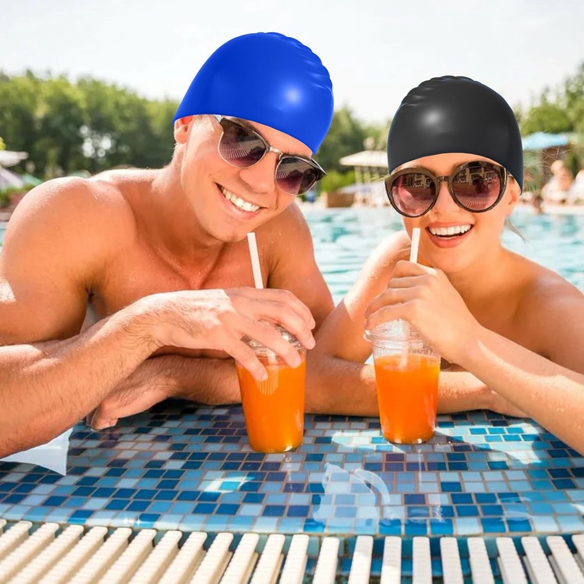 pieces - swimming cap - 23*20 cm - silicone swimming caps - hearing protection - waterproof swimming hat - keep dry for long and short hair - unisex swimming caps - for adults, children and juniors - black and blue
